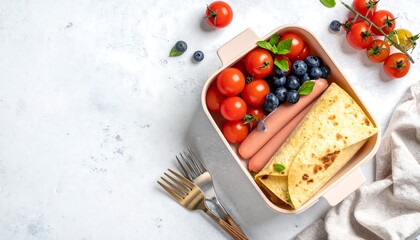Overhead shot of a light pink lunchbox filled with fresh red cherry tomatoes, blueberries, sausage, and a folded tortilla. A fork and cloth are on the white textured surface