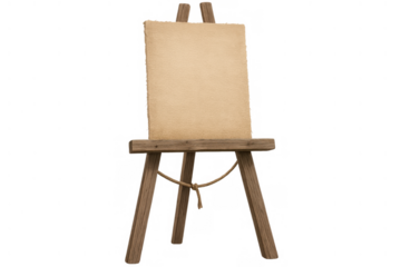 Wooden easel holding blank vintage canvas with old paper texture, artist stand with copy space, transparent background