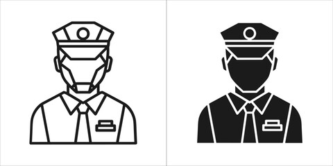 Icon of a police officer in uniform, line art and silhouette