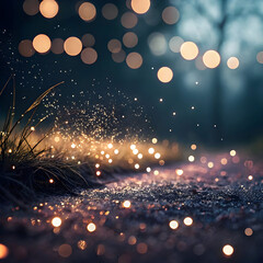 Colorful glitter powder in jar with festive bokeh background lights