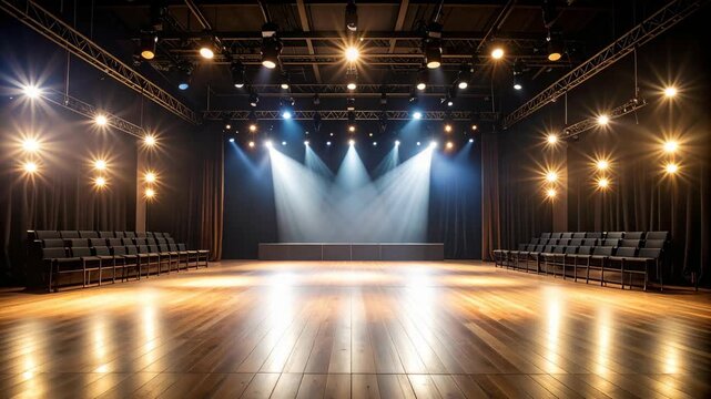 Theater Stage with wooden floor, dark curtains and empty chairs, illuminated by spotlight and stage lighting, equipment installed above.