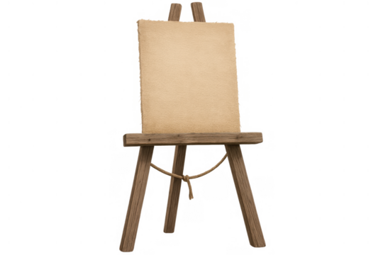 Wooden easel holding blank vintage canvas with old paper texture, artist stand with copy space, transparent background - Powered by Adobe