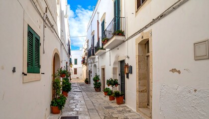 Narrow alleyway in a European town with whitewashed buildings, balconies, and potted plants adding splashes of color. The sky peeks through