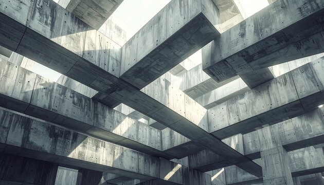 Overhead perspective captures an imposing, geometric concrete structure with intersecting beams, bathed in natural light. The raw texture is visible