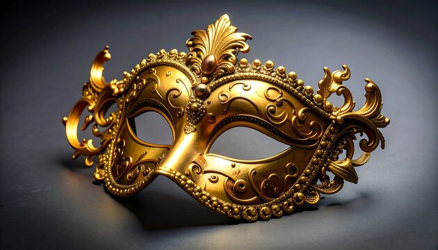 Ornate, golden masquerade mask featuring intricate floral and scrollwork details, positioned against a dark, textured background. The mask is illuminated for optimal visual appeal