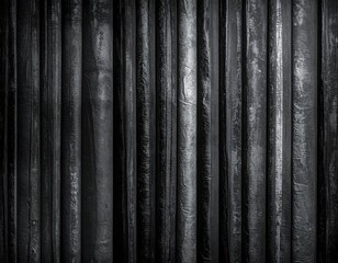 Monochrome vertical panel of dark, textured, cylindrical elements, creating a rhythmic, moody pattern. Evokes shadows and depth