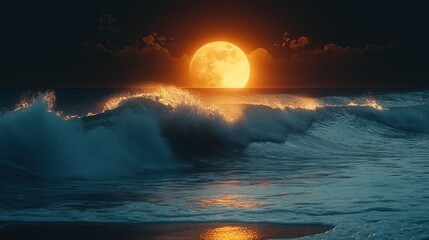 Orange moon over a dark ocean with waves