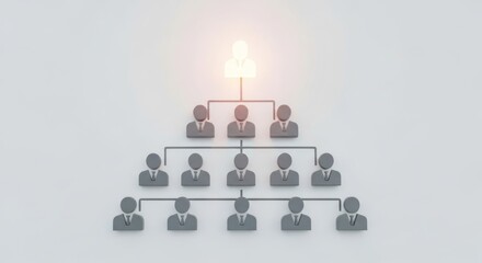 Hierarchical organization chart with glowing leader figure and gray subordinates.
