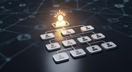 Illuminated leader connected to network of user icons in hierarchy