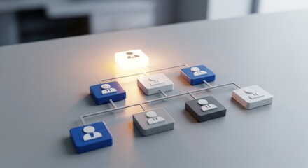 Illuminated organizational chart with colored user blocks on a gray surface.