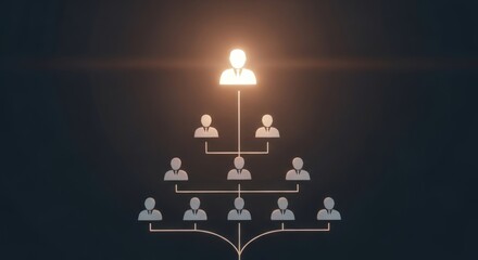 Hierarchical structure diagram with illuminated glowing figures on dark background.