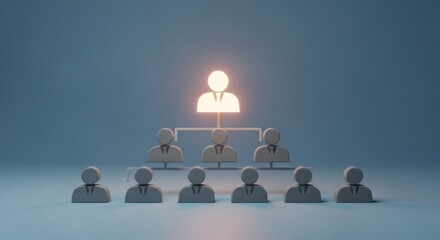 Hierarchical organization chart with glowing leader figure and subordinates.