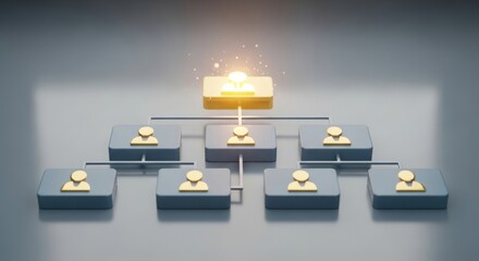 Hierarchical organization chart with glowing leader and user icons.