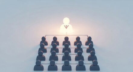 Illuminated leader figure above connected team members in hierarchy.