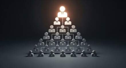 Pyramid hierarchy of glowing and gray business figures against dark background.