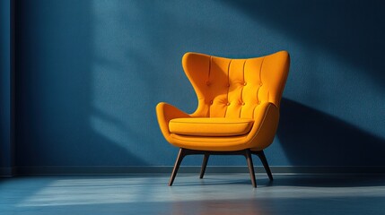 Orange wingback chair in a dark room