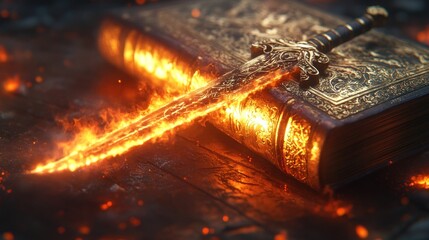 Ornate book, fiery sword, dark setting