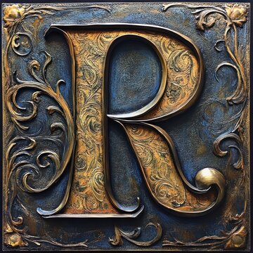 Ornate capital letter R, gold & blue, decorative frame