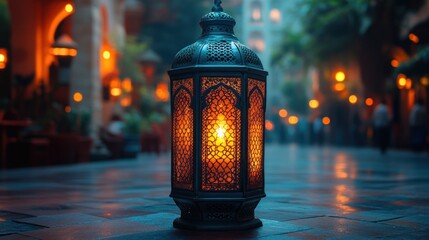 Ornate lantern glows warmly in a marketplace