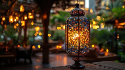 Ornate lantern in a warm, outdoor dining setting