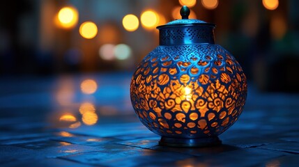 Ornate lantern, warm light, dark background