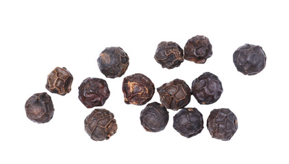 Close-up of dried black peppercorns on white background, aromatic natural spice used for cooking and seasoning, organic ingredient for culinary, herbal, and gourmet food concepts.