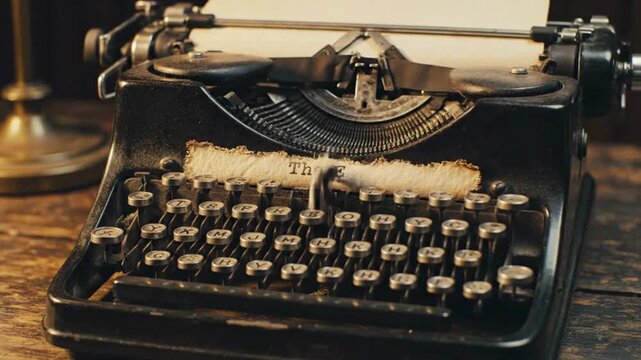 Vintage typewriter clacking keys, crafting stories in a cozy writer's room with warm lighting and antique charm, perfect for nostalgia
