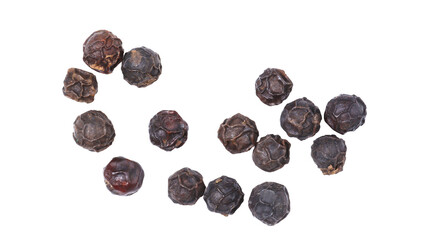 Dried black peppercorns arranged on white background, aromatic spice used for cooking, seasoning, and herbal recipes, organic natural ingredient for culinary and gourmet food concept.