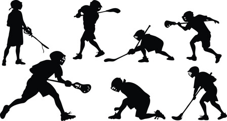 Dynamic lacrosse players in action silhouettes perfect for team branding, sports marketing, and competitive visuals that capture athleticism