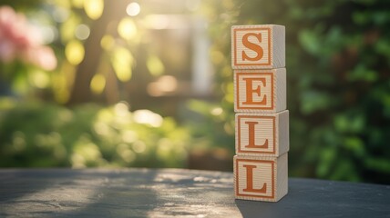 Wooden blocks spell out the word sell outdoors