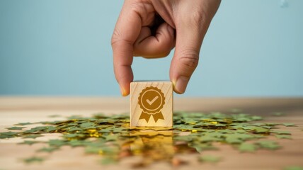 Hand holding wooden block with quality certification seal icon