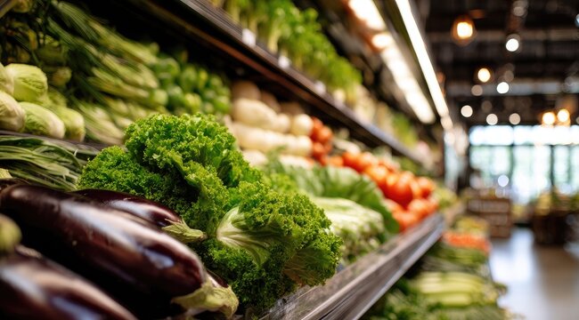 Fresh produce displays in a grocery store. Close-up view of various vegetables - Powered by Adobe