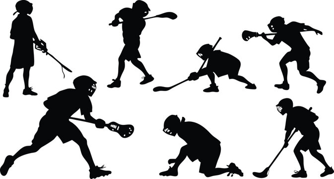 Dynamic lacrosse players in action silhouettes perfect for team branding, sports marketing, and competitive visuals that capture athleticism