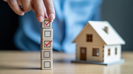 Hand checking off items on a checklist next to a small house model