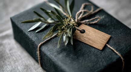 Dark gray gift box wrapped in black paper, tied with twine, and decorated with olive branches and a wooden tag