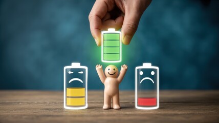 Person holding a fully charged battery above a happy figure between two low battery figures