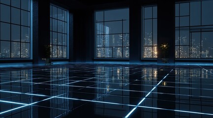 Dark, futuristic room with city lights.  Large windows offer views of urban skyline at night.  Glowing blue lines on mirrored floor create grid pattern
