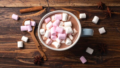Overhead shot of a mug filled with warm cocoa topped with marshmallows. A wooden spoon and scattered spices surround it on a textured wooden surface