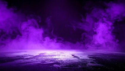Moody dark composition with dramatic purple smoke rising from a glossy reflective surface against a black backdrop