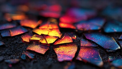 Shattered iridescent fragments, vibrant colors on dark ground