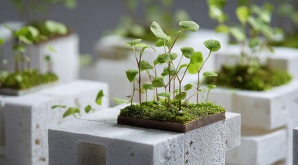 Miniature plants in white cubic planters, close-up.  Small, vibrant green plants sprout from miniature, square, dark-brown soil patches atop white blocks.  Soft focus