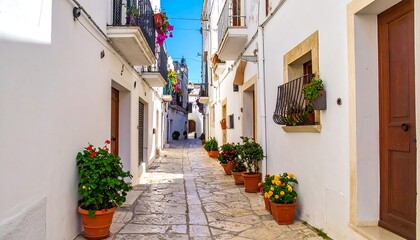 Narrow alleyway of white buildings with wooden doors and balconies adorned with flowers. Stone paving leads to the light. The sky is blue