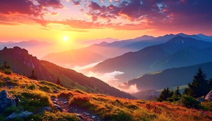 Majestic mountain range at sunset, bathed in warm golden light with vibrant clouds. A hiking trail leads down. Serene nature