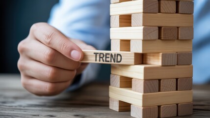 Hand removing the word trend from a wooden block tower symbolizing risk