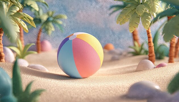 Colorful beach ball in a miniature tropical scene