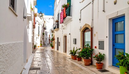 Narrow alleyway lined with whitewashed buildings featuring vibrant flower pots and blue doors under a bright blue sky