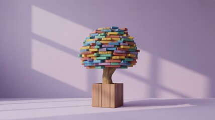 Colorful stacked books forming a tree shape in a wooden pot with light shadows
