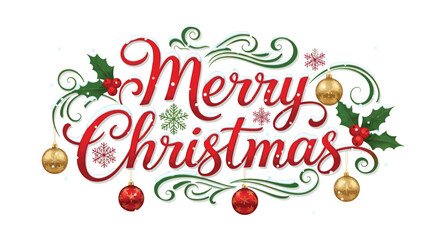 Elegant Merry Christmas wishes with snow-covered text, ornaments, and holly berries for holiday greeting cards and festive invitations this winter season