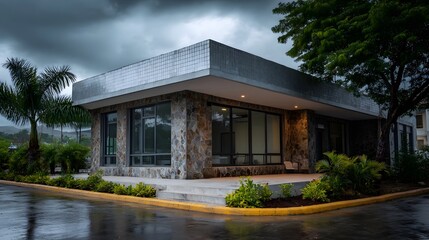 Modern stone building exterior under a dramatic overcast rainy sky with tropical foliage