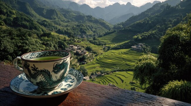 A cup of tea overlooking terraced rice paddies